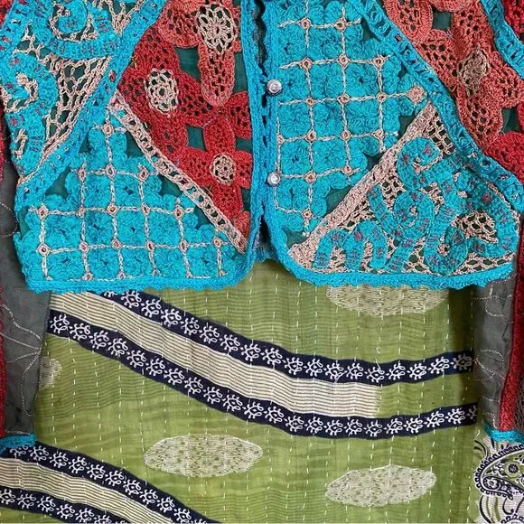 Rare Vintage Sandy Starkman Aqua Patchwork/ Embroidered Boho Cardigan Size Small - Picture 8 of 15
